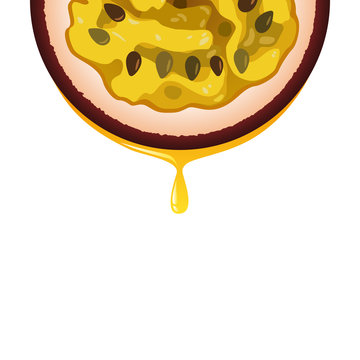 Isolated realistic colored half circle slice of juicy purple color passion fruit with drop of juice on white background.