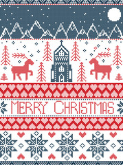 Nordic style Merry Christmas pattern in red and white including  winter wonderland village, church, xmas trees, mountains, stars , snowflakes, reindeer in blue, red
