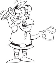 Fototapeta na wymiar Black and white illustration of a Viking holding a sword and a mug.