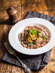 Homemade pumpkin pesto with whole grain spelt pasta