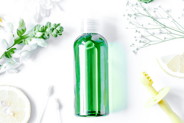 natural organic cosmetics for baby on white background top view