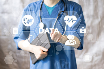 Doctor pushing button data service virtual healthcare in network medicine.