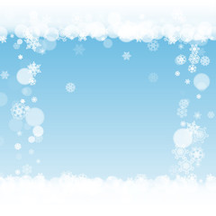 New Year frame on blue background. Winter window. Christmas and New Year frame with falling snow. For season sales, special offers, banners, cards, party invites, flyers. White frosty snowflakes.