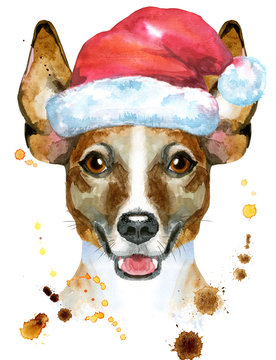 Watercolor portrait of jack russell terrier with Santa hat