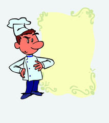 Worried white chef. Is showing, as if he were in front of a blackboard, the data you want.