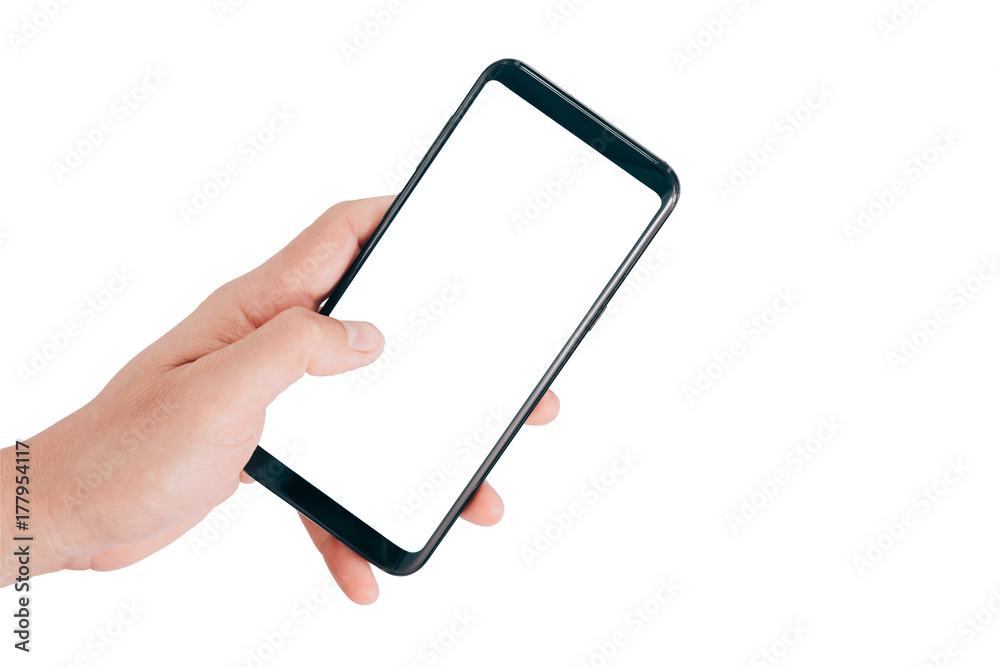 Poster Smartphone Mock up,Hand holding mobile phone and using touching screen isolated on white background with clipping path for design