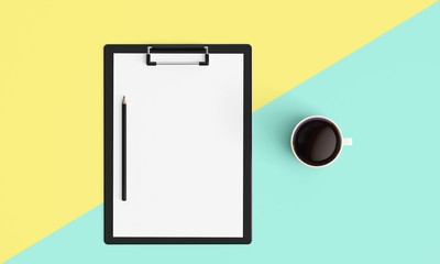 Modern workplace with clipboard and coffee cup copy space on color background. Top view. Flat lay style.