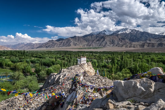 Landscape of The Shey Monasteryand the Shey Palace located on a hillock in Sheythe at south of Leh in Ladakh, northern India on the Leh-Manali road.