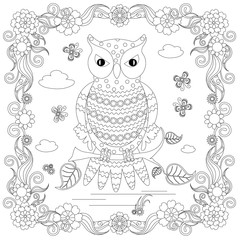 Anti stress abstract owl, butterflies, square flowering frame hand drawn monochrome vector illustration