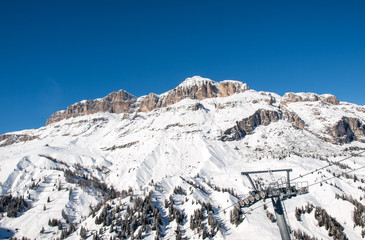 Skiing area in the Dolomites Alps. Overlooking the Sella group  in Val Gardena. Italy