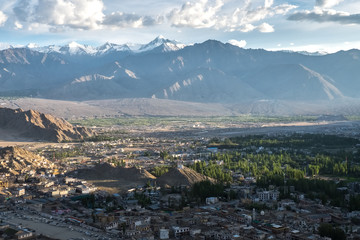 Landscape of Leh city and mountain around from Leh Monastery   Leh district, Ladakh, in the north Indian state of Jammu and Kashmir.