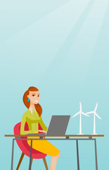 Caucasian worker of wind farm working on a laptop. Engineer projecting wind turbine in office. Worker of wind farm working with model of wind turbine. Vector flat design illustration. Vertical layout.