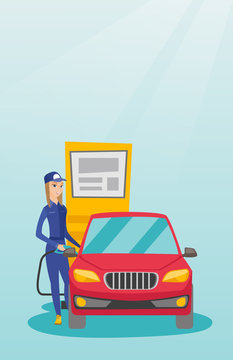 Caucasian friendly worker filling up fuel into the car. Smiling female worker in workwear at the gas station. Young gas station worker refueling a car. Vector flat design illustration. Vertical layout
