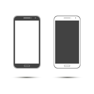 Colored concept of modern phones with empty screens, realistic white and black mobile templates on transparent background.