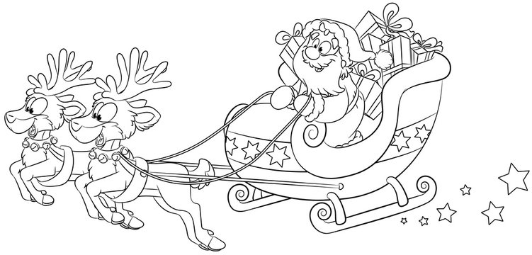 Weihnachtsmann im Schlitten mit Rentieren -
 Vektor-Illustration