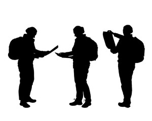 Set of realistic vector silhouettes of female tourist looking in map, isolated