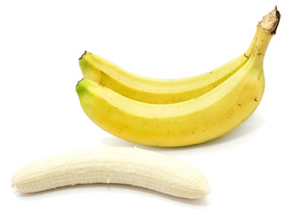 Two whole bananas and one peeled banana isolated on white background