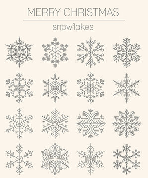 Snowflake Icon Set. Vintage Outline Version. Christmas Collection