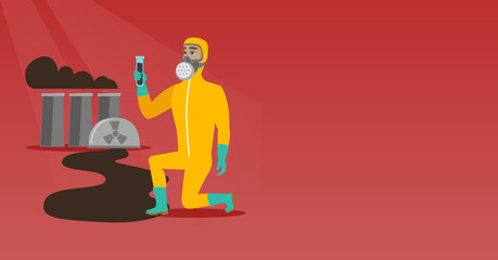 Young caucasian scientist in gas mask and radiation protective suit holding a test-tube with black liquid on the background of nuclear power plant. Vector flat design illustration. Horizontal layout.