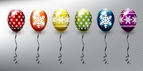 Set of 6 vector helium balloons. Inflatable air flying balloons. Christmas decoration. Design elements for holiday cards. Isolated and transparent on the light background. Vector illustration. Eps10.