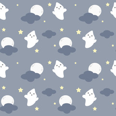 Fototapeta premium cute cartoon seamless vector pattern background illustration with ghosts in the night