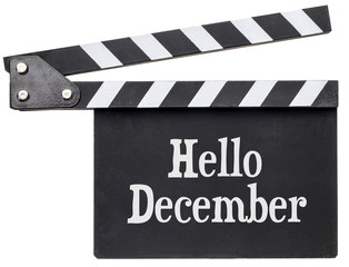 Hello December text on clapboard