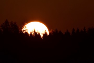 Als glühender Feuerball präsentiert sich die Sonne am frühen Morgen