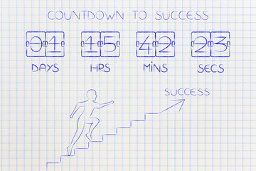 countdown to success timer and man running over stairs with arrows and text
