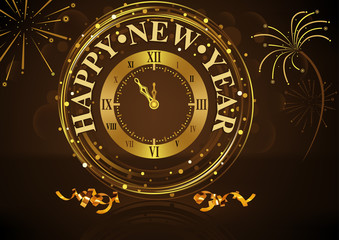 Fototapeta na wymiar Happy New Year Greeting with Golden Wall Clock and Fireworks over Dark Brown Bokeh Background, Luxury Vector Illustration