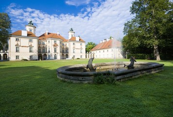 Decorative facade of Baroque style Bielinski Palace in Otwock Wielki (near Warsaw) seen from a park, Poland