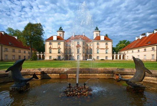 Decorative facade of Baroque style Bielinski Palace in Otwock Wielki (near Warsaw) seen from a park, Poland