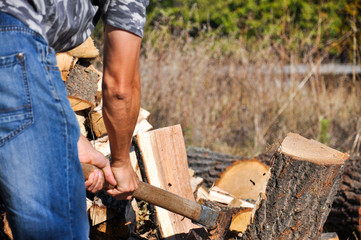 Lumberjack chopping wood for winter, Lumberjack chopping woods with old ax