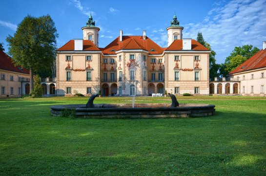 Decorative facade of Baroque style Bielinski Palace in Otwock Wielki (near Warsaw) seen from a park, Poland