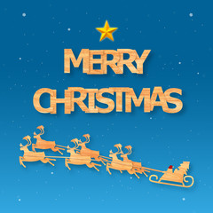 Santa claus and reindeer on the sky in night time with snowfall. Christmas season and Happy new year season made from wood with decorations art and craft style, illustration