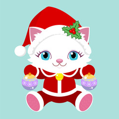New Year. Cat with Christmas tree toys in Santa Claus costume. Christmas card.