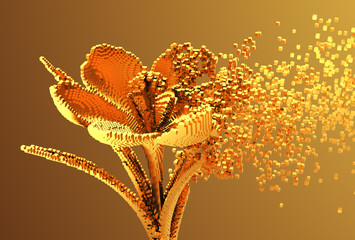 Gold Digital Flower Disintegrates To 3D Pixels