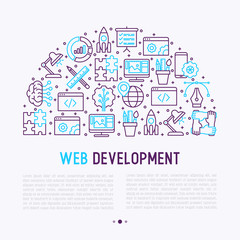 Web development concept in half circle with thin line icons of programming, graphic design, mobile app, strategy, artificial intelligence, optimization, analytics. Vector illustration for web page.