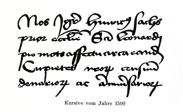 Italic script, 1500 (from Meyers Lexikon, 1896, 13/420/421)