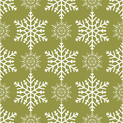 Snowflakes seamless pattern. Olive green background with christmas elements
