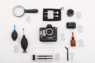 full matrix cleaner set for digital camera: isopropyl alcohol, clean, sensor cleaner, ccd clean, cmos, cleaner pen, fullset for senbors cleaner, loupe, magnifying glass with a backlight, an air pear.