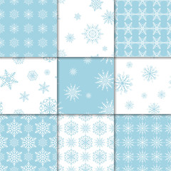 Set of snowflakes seamless patterns. Blue and white backgrounds for wallpapers and textile