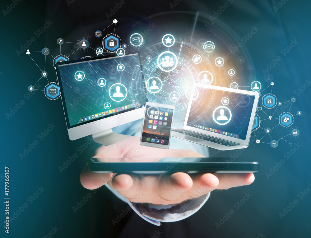 Poster computer and devices displayed on a futuristic interface with business network - multimedia and tech