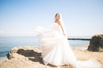 Fototapeta na wymiar Romantic beautiful bride in white dress posing on the background sea