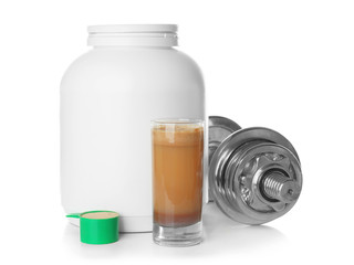 Jar, protein shake and dumbbell on white background