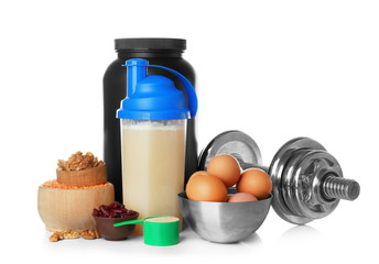 High protein food, powder and shake on white background