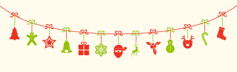 Christmas garland with red and green decorations. Vector.