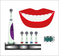 ПечатьClose up of perfect and healthy teeth with electric toothbrush and time concept clock
