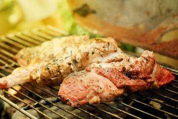 medium roasted  steak  pork on iron grill.Thailand local tradition grill pork