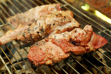 medium roasted  steak  pork on iron grill.Thailand local tradition grill pork
