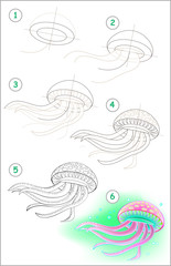 Naklejka premium Strona pokazuje jak krok po kroku nauczyć się rysować pływającą meduzę. Rozwijanie umiejętności dzieci w zakresie rysowania i kolorowania. Grafika wektorowa.
